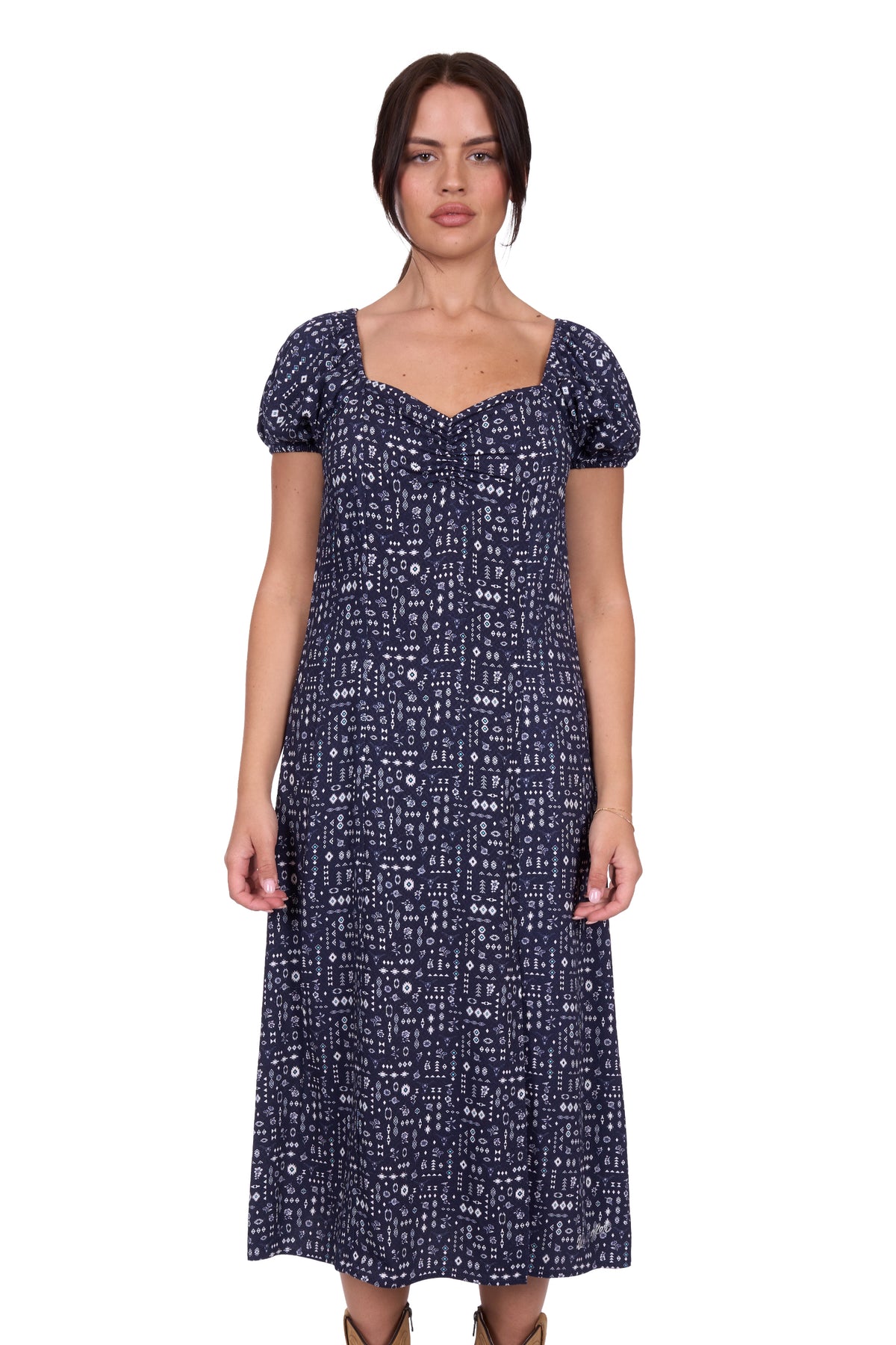Wrangler Women's Beth Dress. Woman wearing a navy blue dress with white patterns on a white background