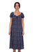 Wrangler Women's Beth Dress. Woman wearing a navy blue dress with white patterns on a white background
