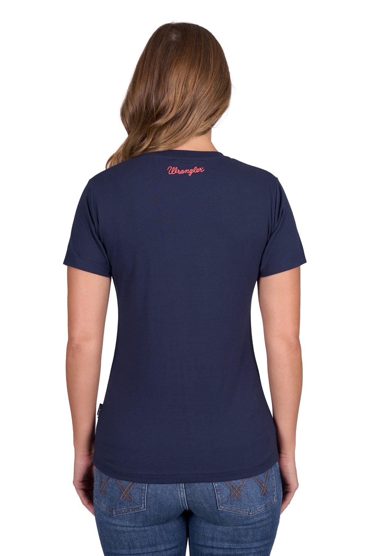 Wrangler Women's Lottie S/S T-Shirt. Navy blue t-shirt with a brand logo on the back, worn by a person.