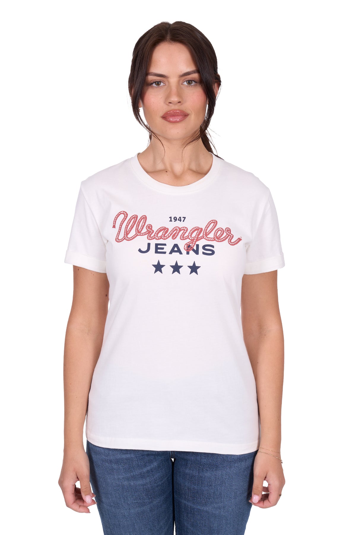 Woman wearing a white t-shirt with &#39;Wrangler Jeans&#39; logo on a white background