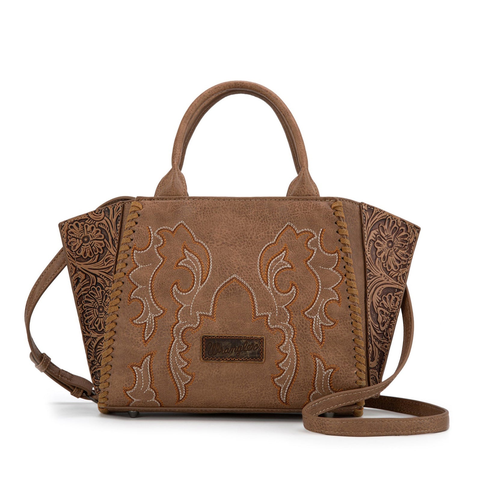 Wrangler western brown leather handbag with intricate bootstitch embossing on a white background
