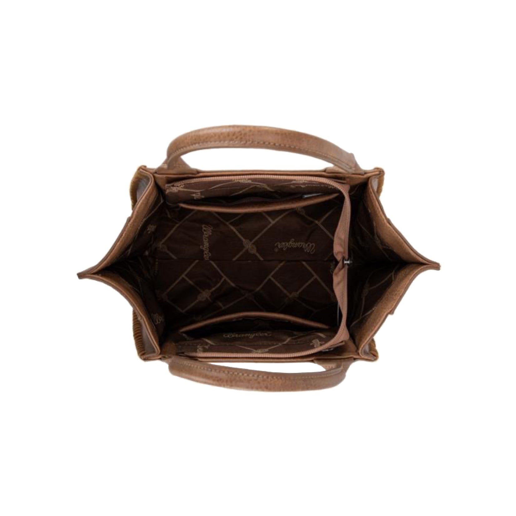 Wrangler western brown leather handbag with intricate bootstitch embossing on a white background