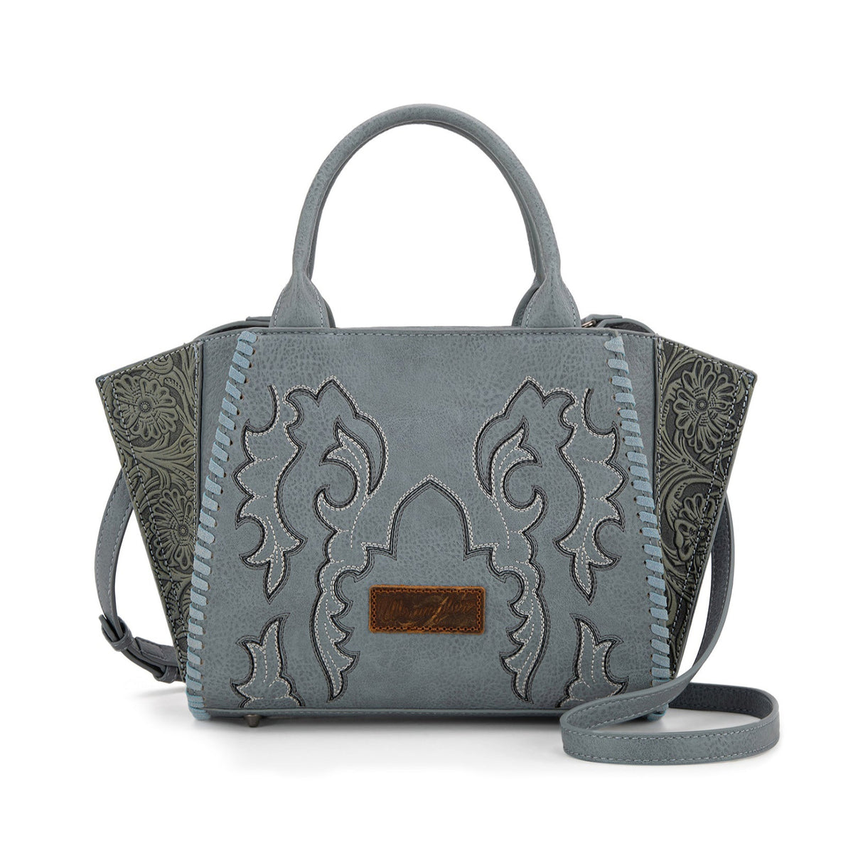 Wrangler western blue handbag with intricate bootstitch designs on a white background