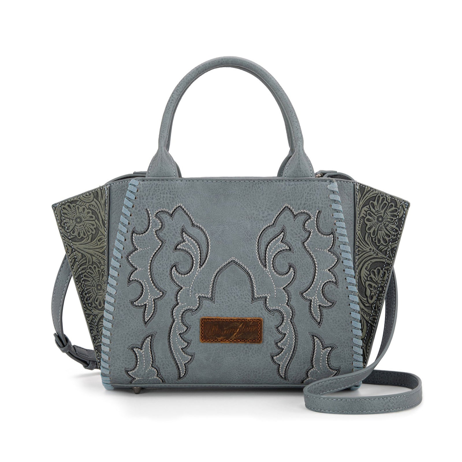Wrangler western blue handbag with intricate bootstitch designs on a white background