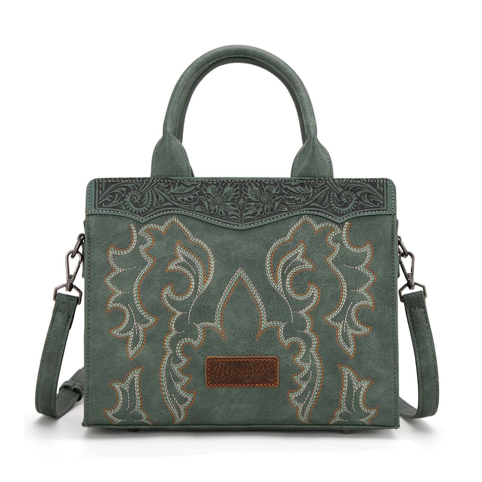 Wrangler western green handbag with intricate bootstitch patterns on a white background