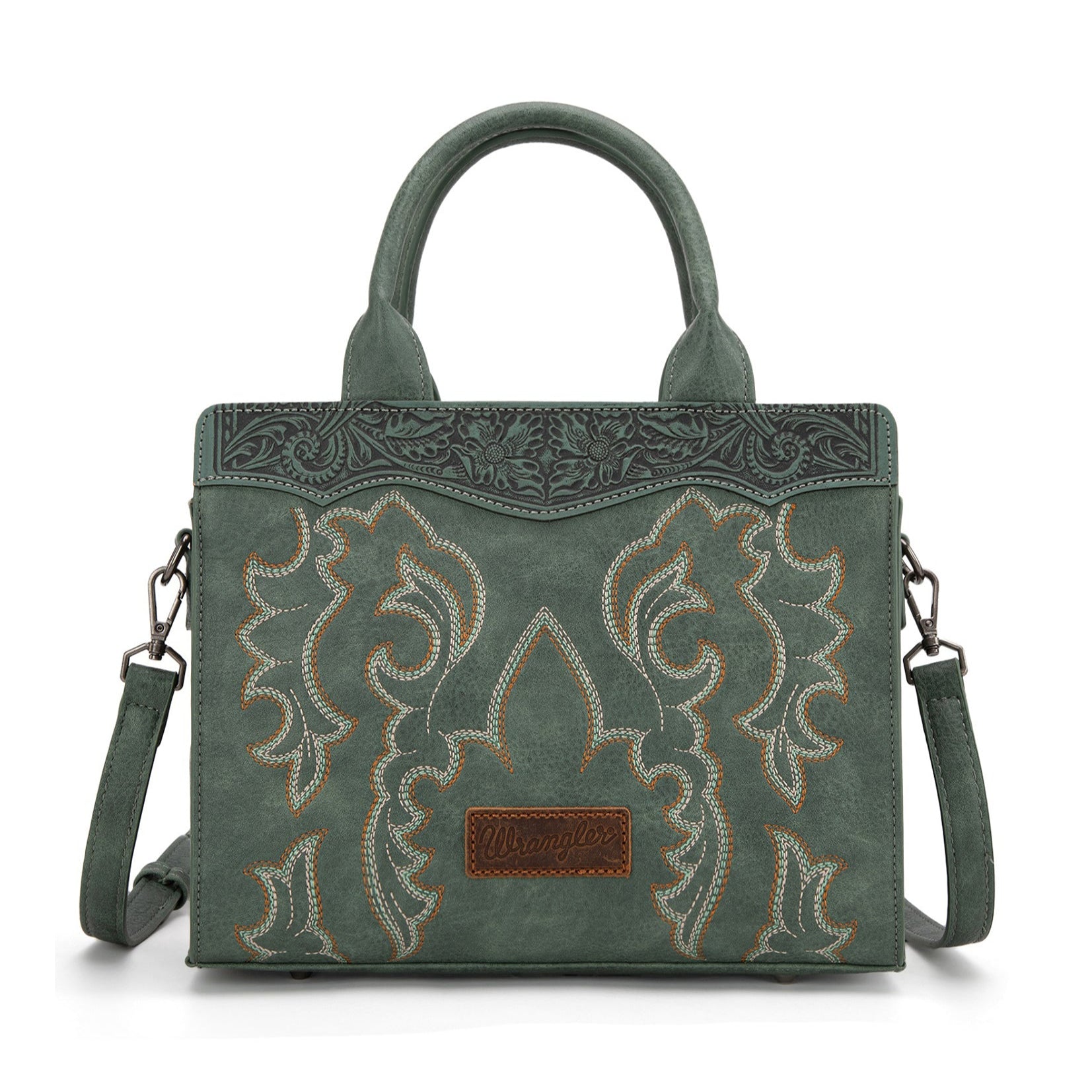 Wrangler western green handbag with intricate bootstitch patterns on a white background