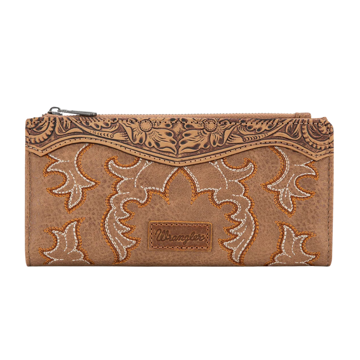 Wrangler western brown leather wallet with intricate patterns and &#39;Chaps&#39; branding on a white background