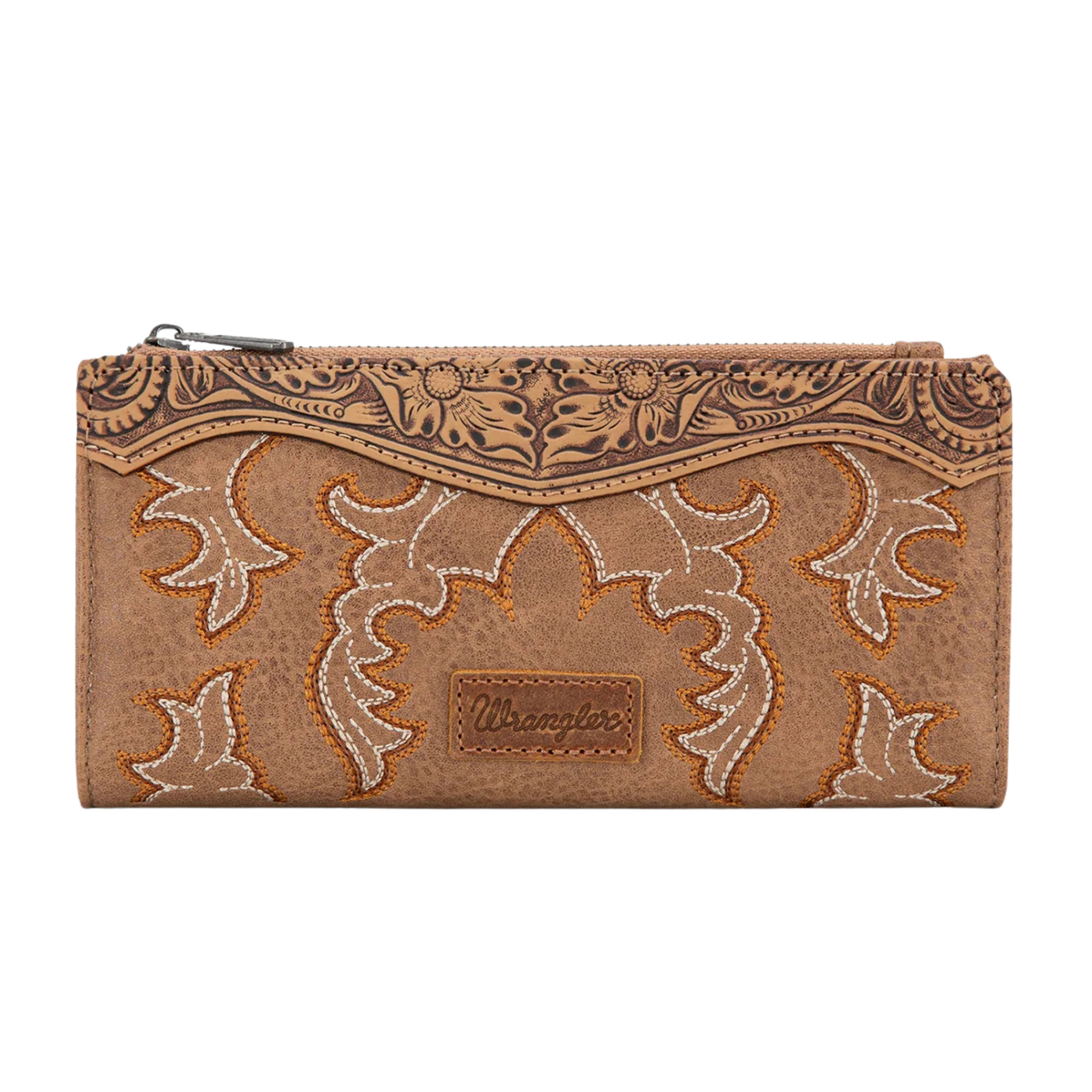 Wrangler western brown leather wallet with intricate patterns and 'Chaps' branding on a white background