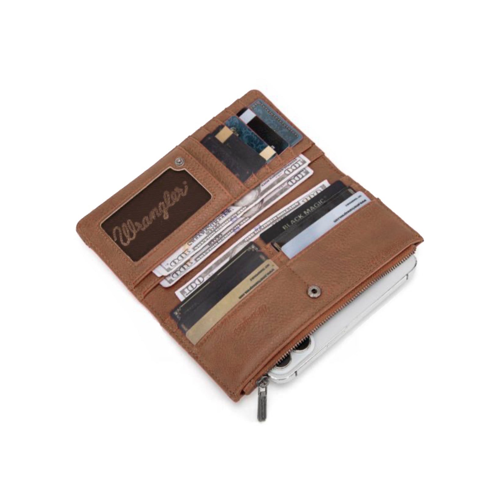 Wrangler western brown leather wallet with intricate patterns and 'Chaps' branding on a white background