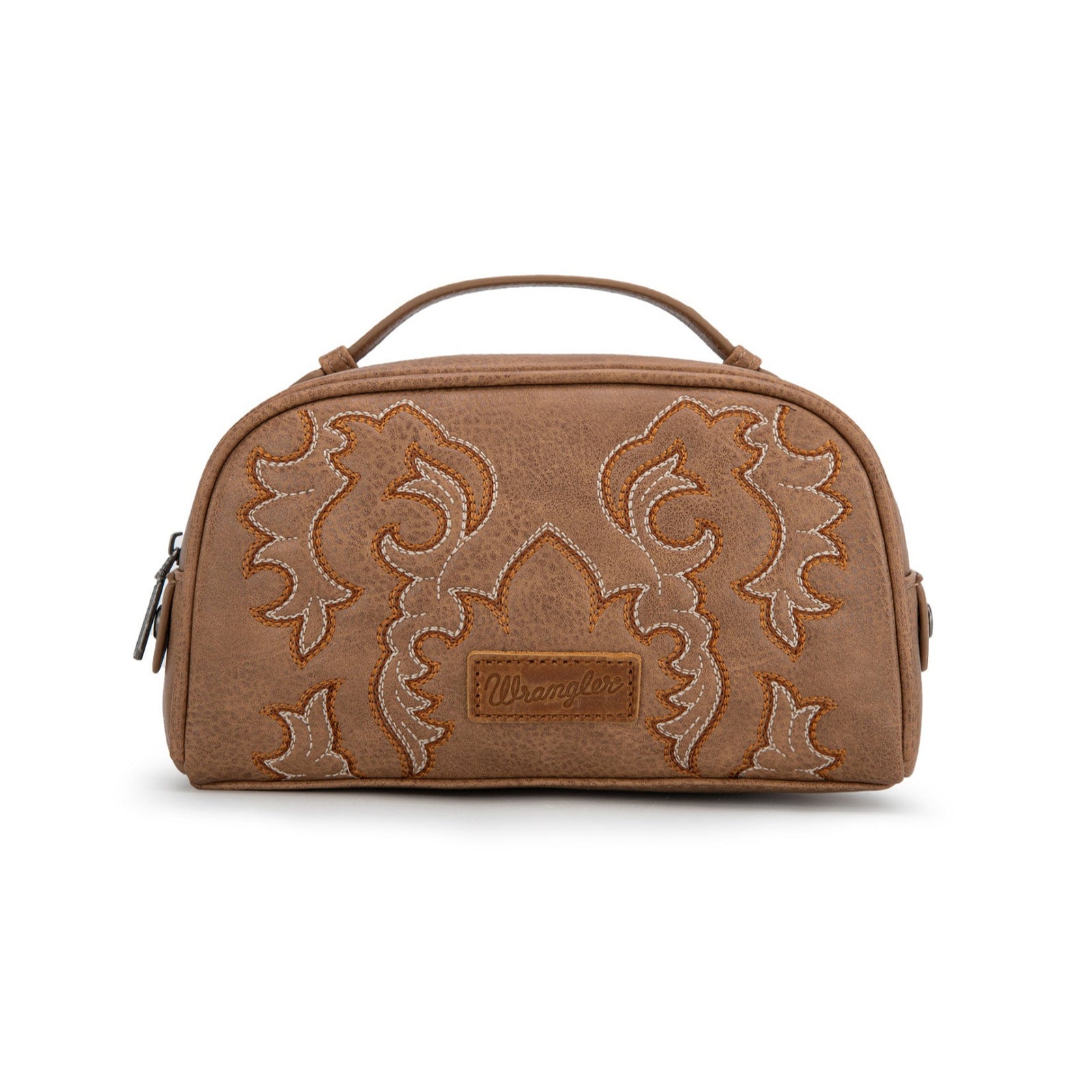 Wrangler western brown cosmetic bag with intricate bootstitch patterns on a white background
