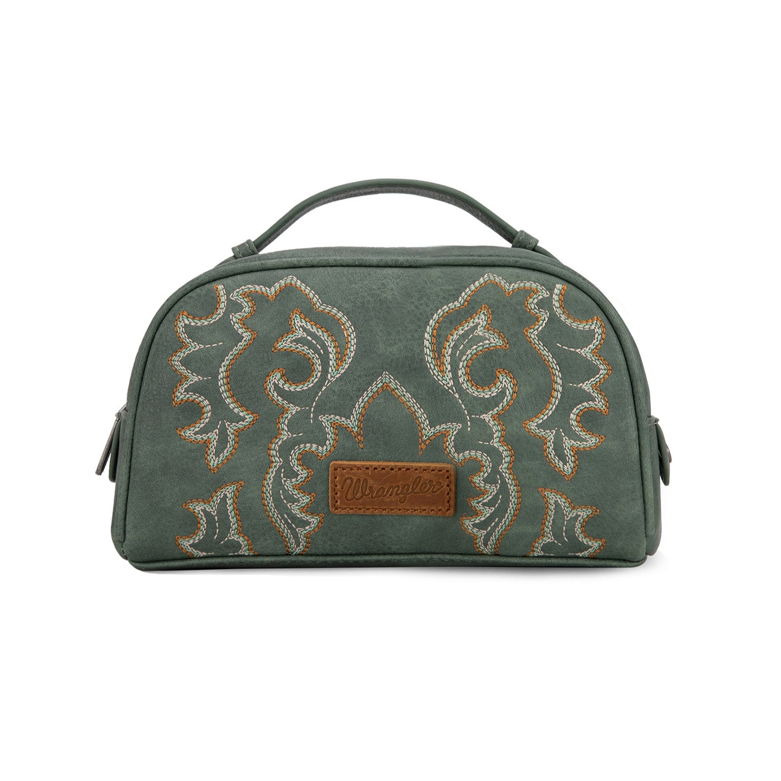 Wrangler western green cosmetic bag with decorative bootstitch patterns on a white background
