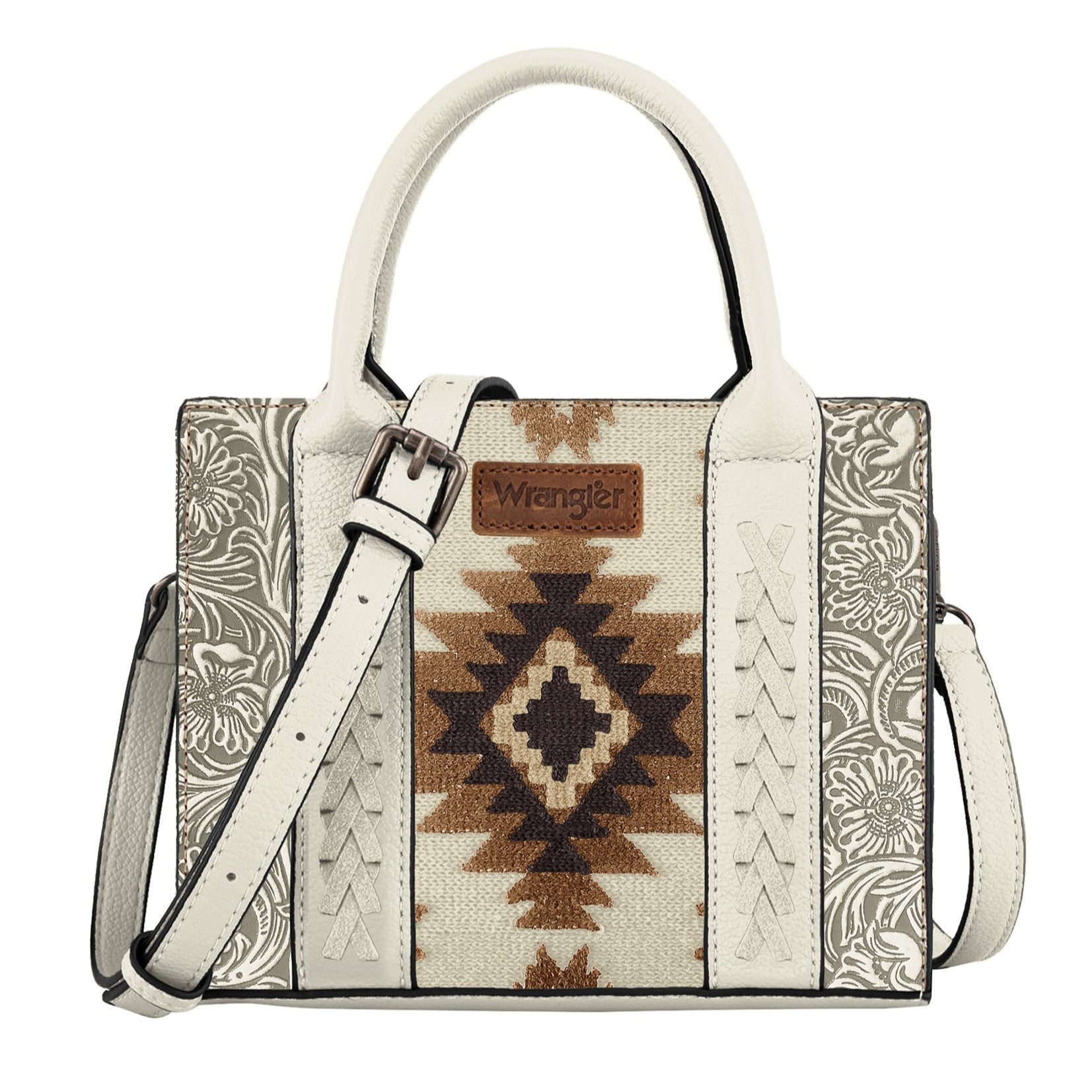 Wrangler western handbag with geometric pattern and white handle on a white background