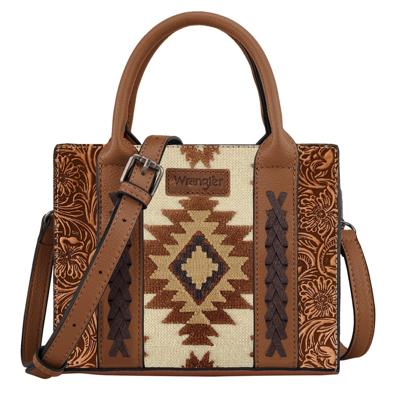 Wrangler western handbag with tribal pattern and brown leather accents on a white background