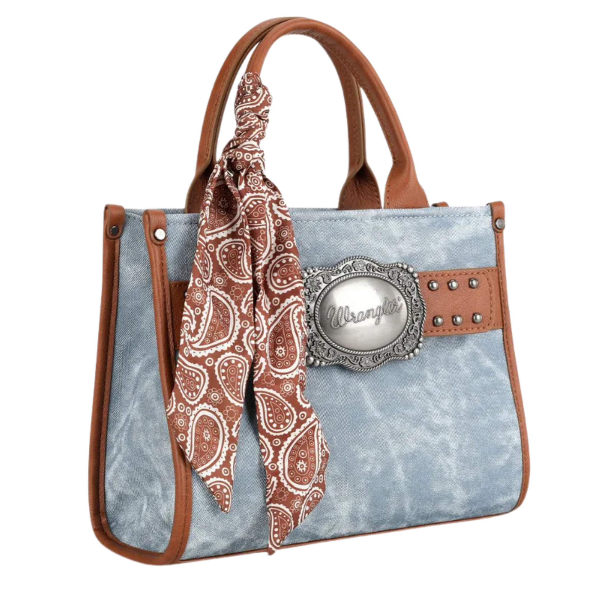 Wrangler western denim handbag with brown leather accents and a bandana, featuring the Wrangler brand.