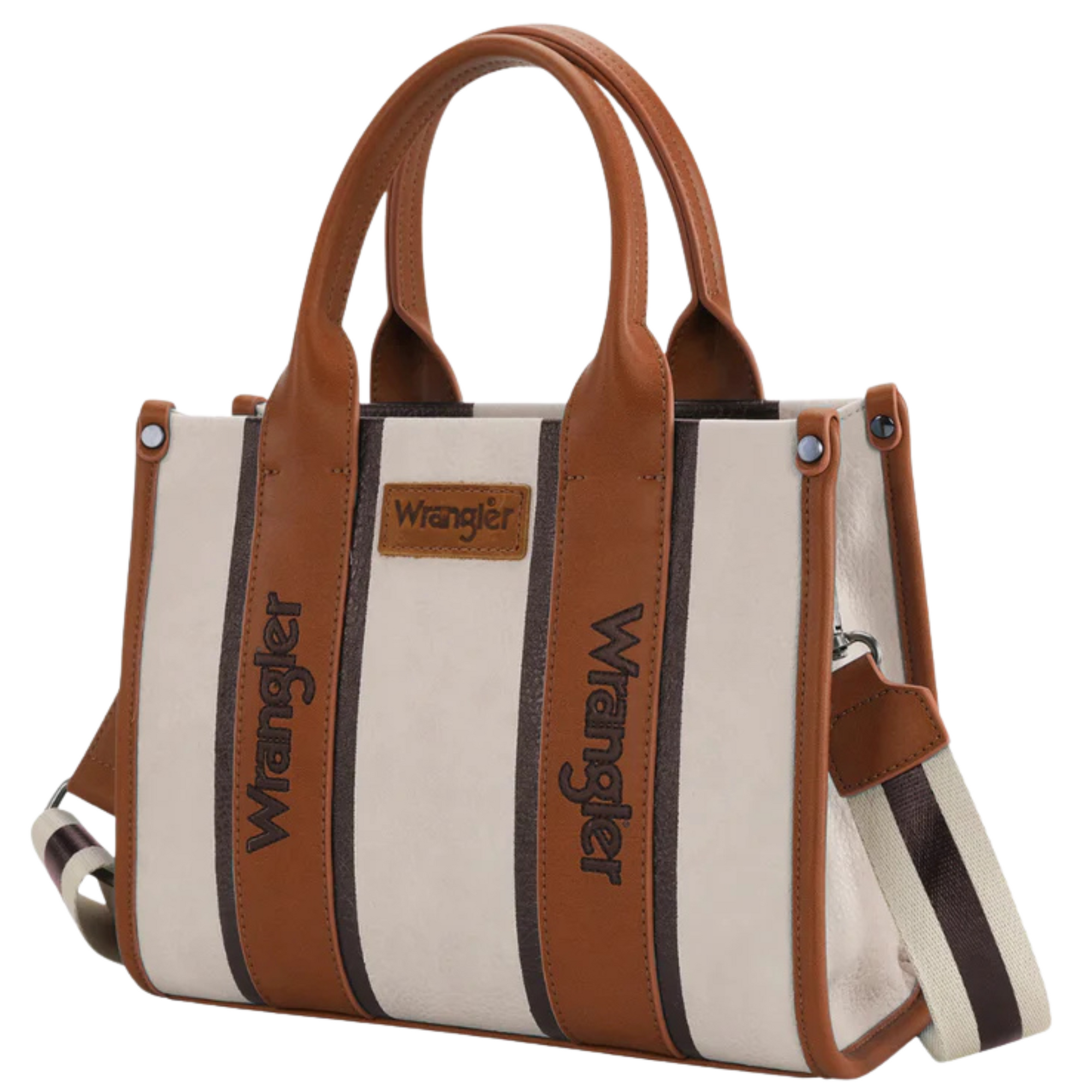 Wrangler western striped leather handbag with brown and beige accents and 'Wrangler' branding on a white background
