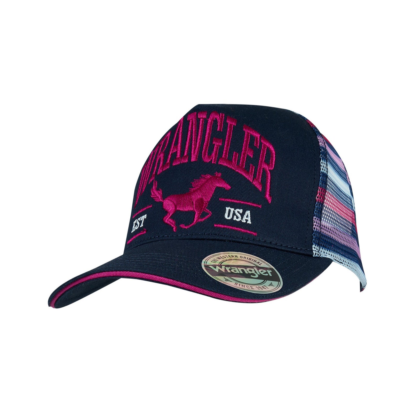 Wrangler Women's Eliza High Profile Ponytail Trucker Cap. Black cap with pink text and horse design on a white background