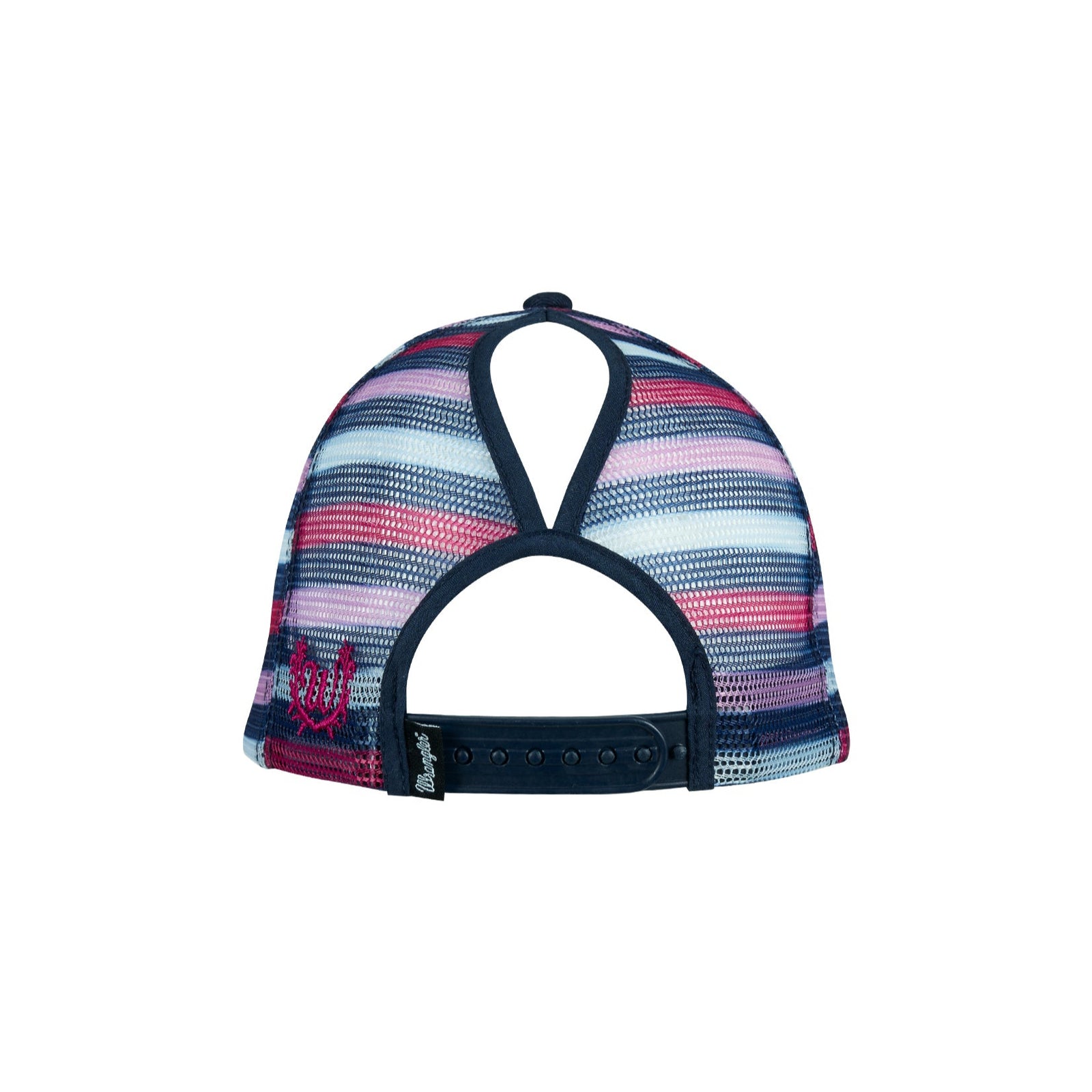 Wrangler Women's Eliza High Profile Ponytail Trucker Cap. Black cap with pink text and horse design on a white background