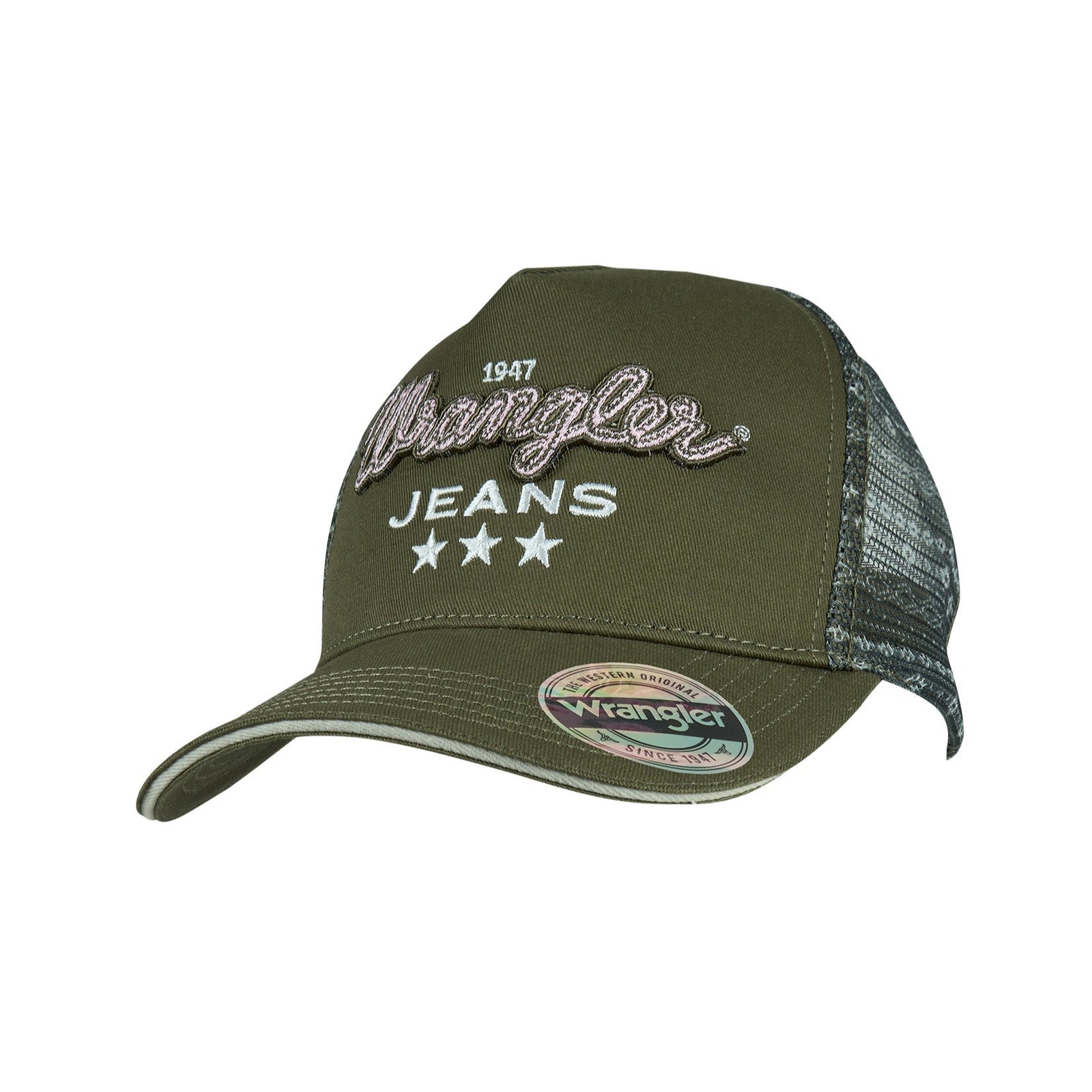 Wrangler Women's Piper HP Ponytail Trucker Cap. Green cap with 'Wrangler' branding on a white background