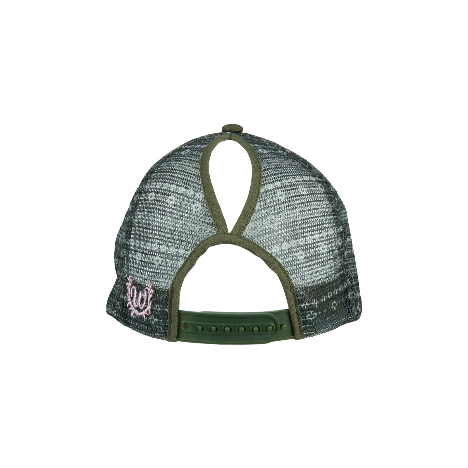 Wrangler Women's Piper HP Ponytail Trucker Cap. Green cap with 'Wrangler' branding on a white background