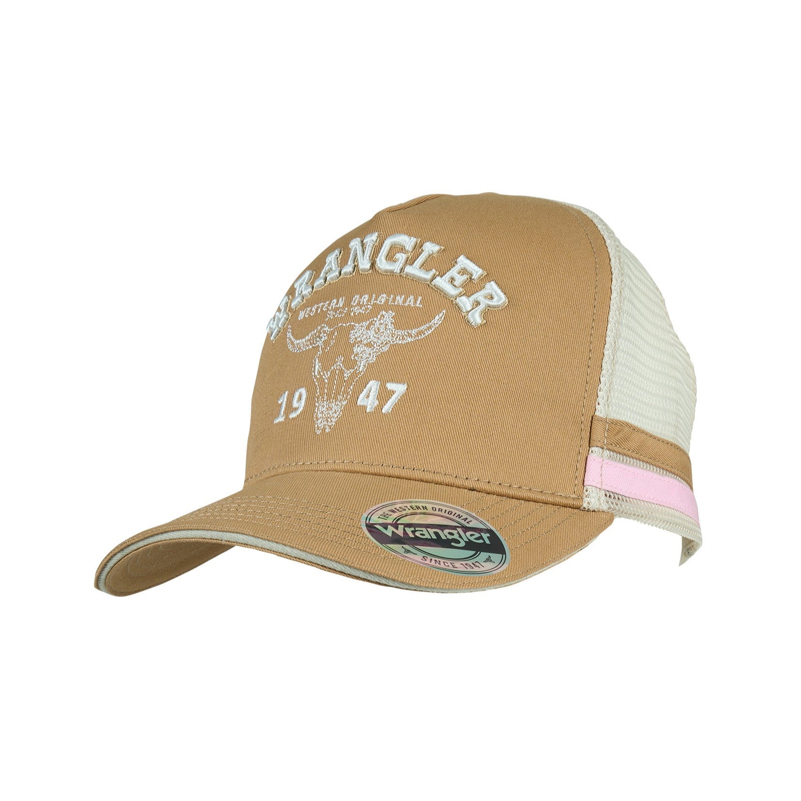 Wrangler Women's Wendy High Profile Trucker Cap. Brown cap with white mesh back and Wrangler branding on a white background