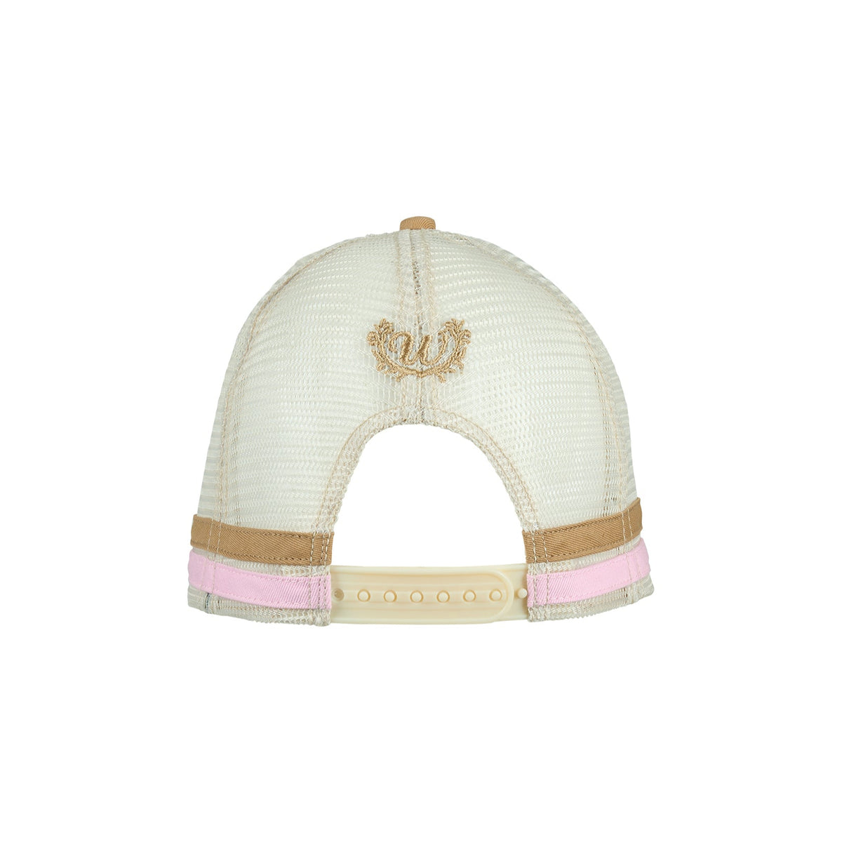 Wrangler Women's Wendy High Profile Trucker Cap. Beige and pink cap with a logo on a white background