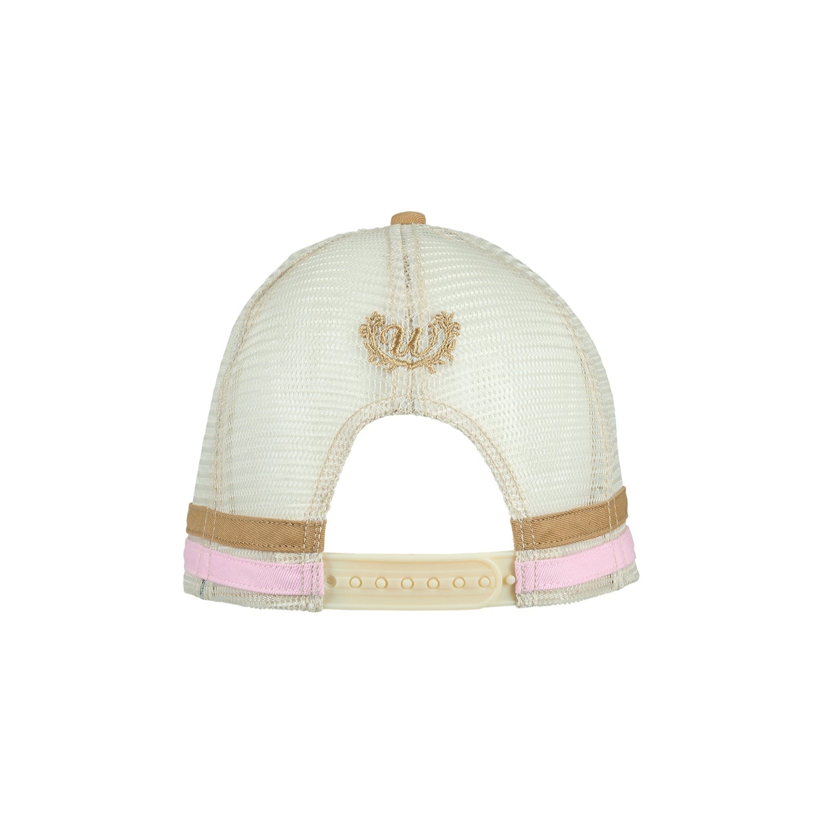 Wrangler Women's Wendy High Profile Trucker Cap. Brown cap with white mesh back and Wrangler branding on a white background