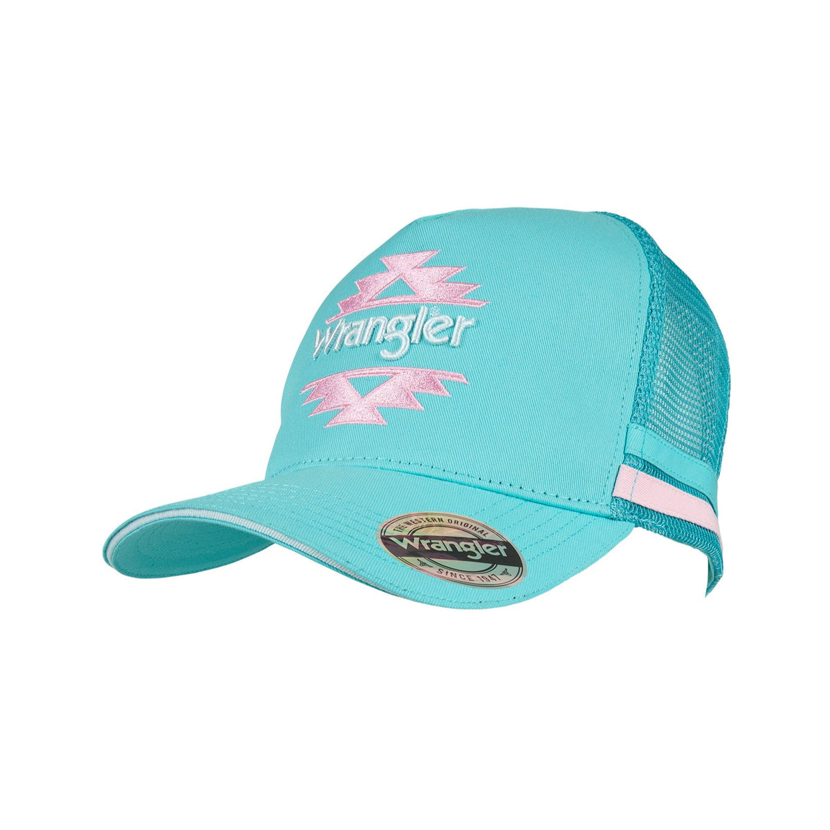 Wrangler Women&#39;s Sasha High Profile Trucker Cap. Teal cap with pink logo and &#39;Wrangler&#39; branding on a white background