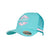 Wrangler Women's Sasha High Profile Trucker Cap. Teal cap with pink logo and 'Wrangler' branding on a white background