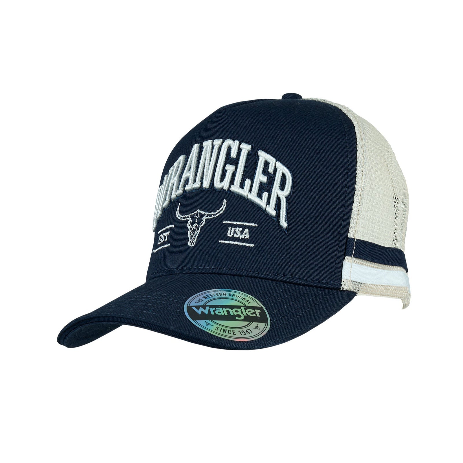 Wrangler Women's Lyndell High Profile Trucker Cap. Navy and beige cap with Wrangler logo on a white background