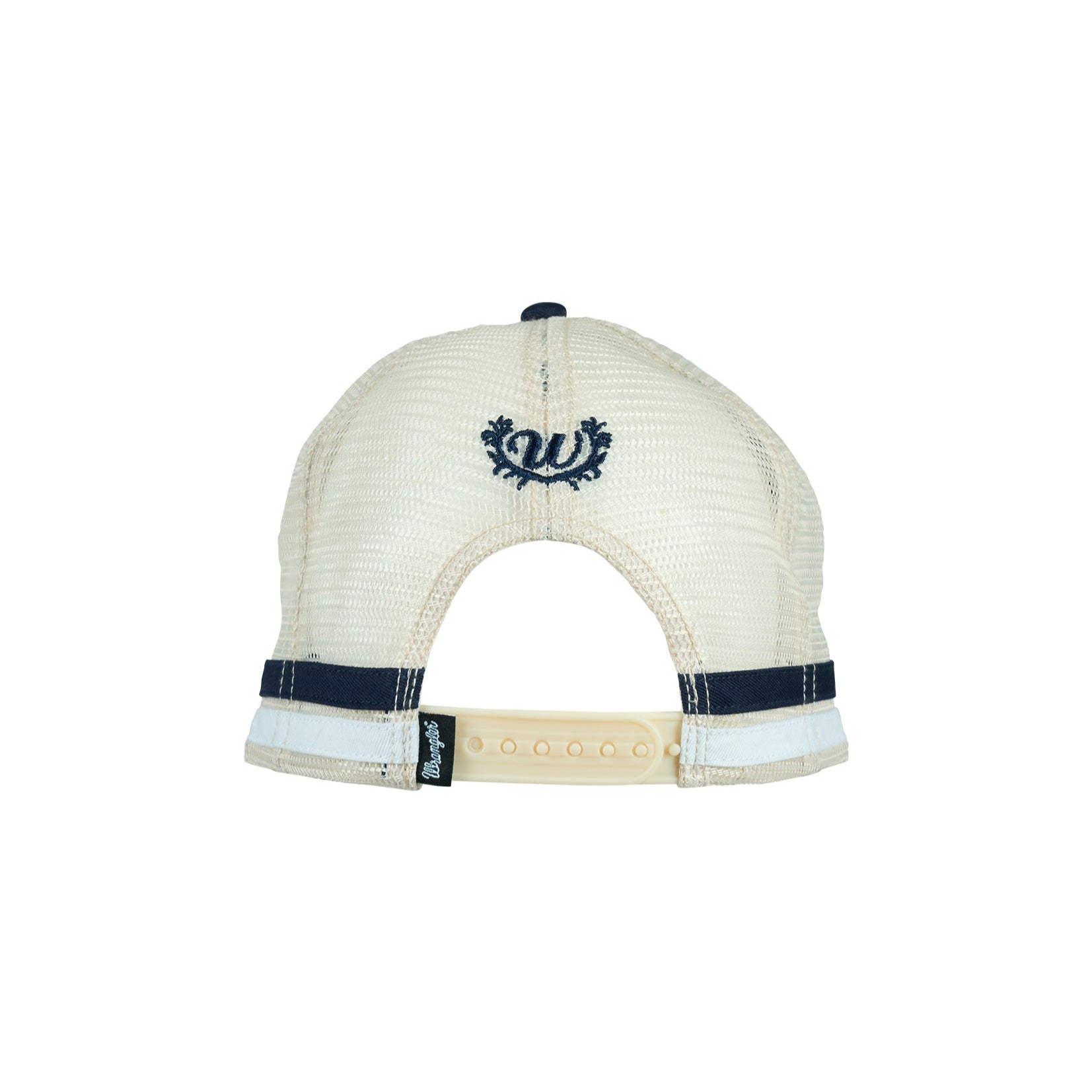 Wrangler Women's Lyndell High Profile Trucker Cap. Navy and beige cap with Wrangler logo on a white background