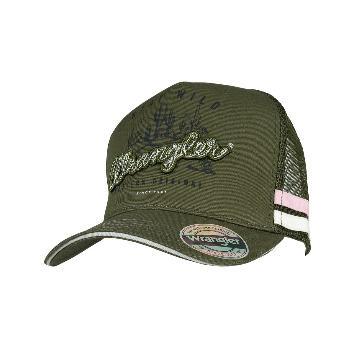 Wrangler Women&#39;s Tahlia High Profile Trucker Cap. Green cap with &#39;Wrangler&#39; branding on a white background
