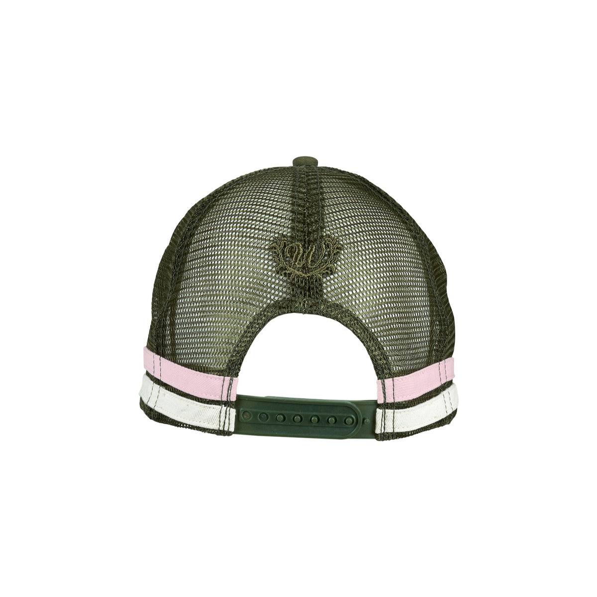 Wrangler Women's Tahlia High Profile Trucker Cap. Green mesh cap with pink and white band on a white background