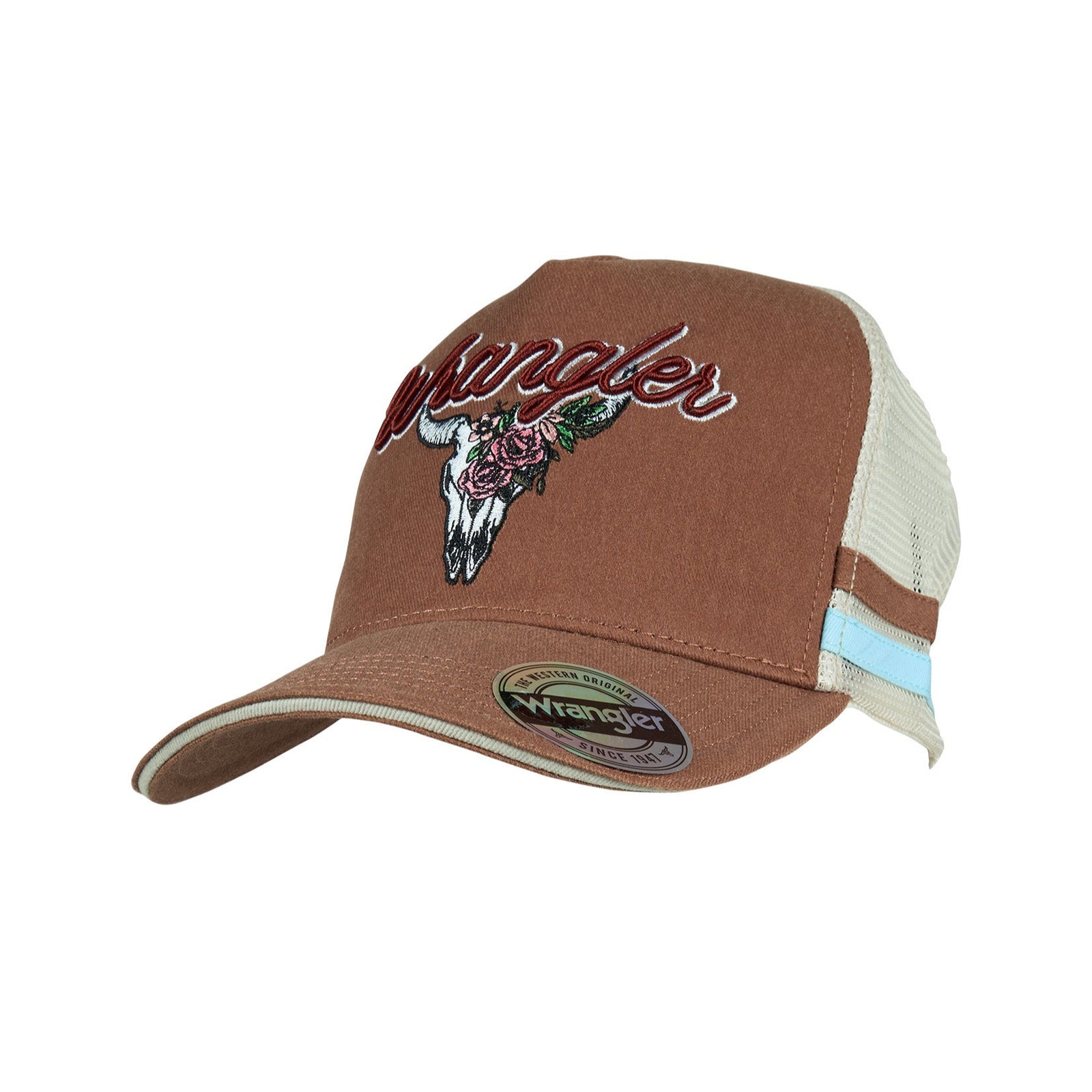 Wrangler Women's Lisha High Profile Trucker Cap. Brown cap with embroidered design on a white background