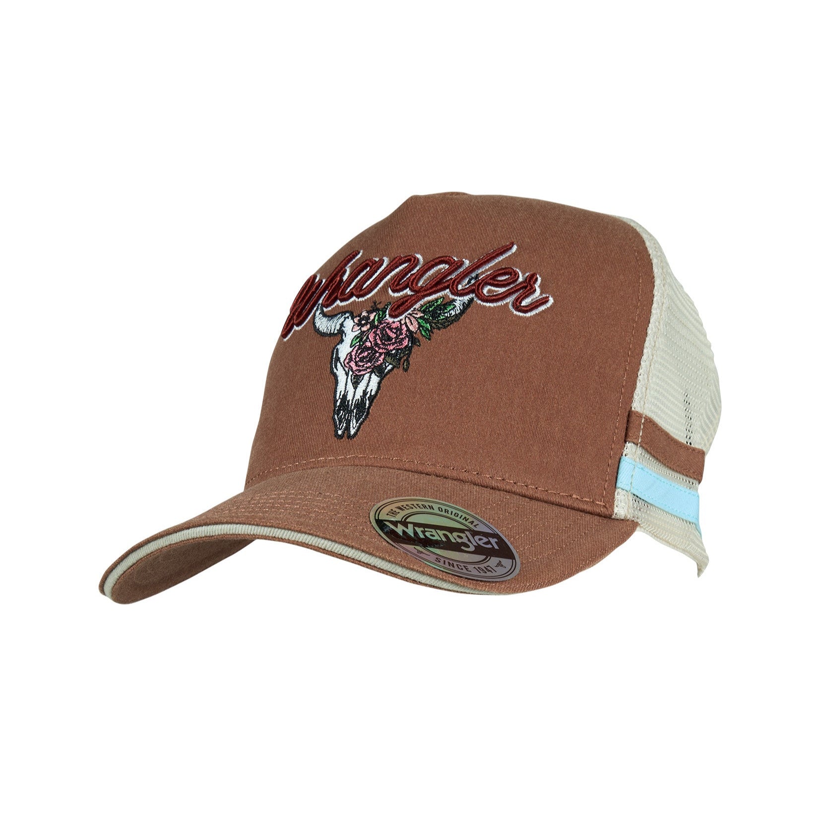 Wrangler Women's Lisha High Profile Trucker Cap. Brown cap with embroidered design on a white background