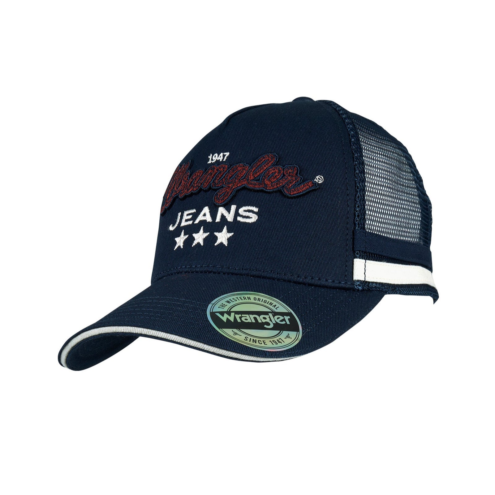 Wrangler Women's Kinsley Trucker Cap. Navy blue cap with 'Wrangler' branding on a white background