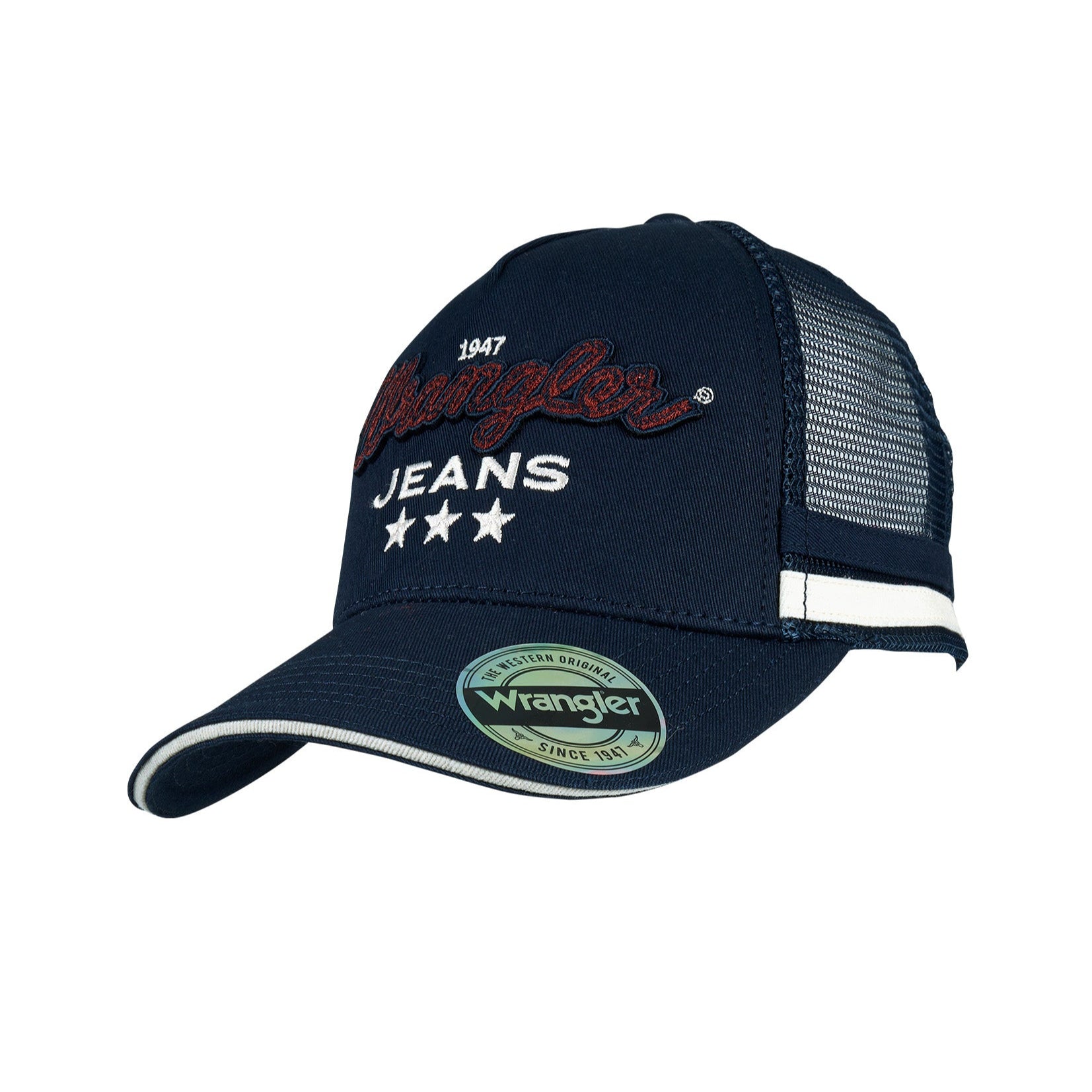 Wrangler Women's Kinsley Trucker Cap. Navy blue cap with 'Wrangler' branding on a white background