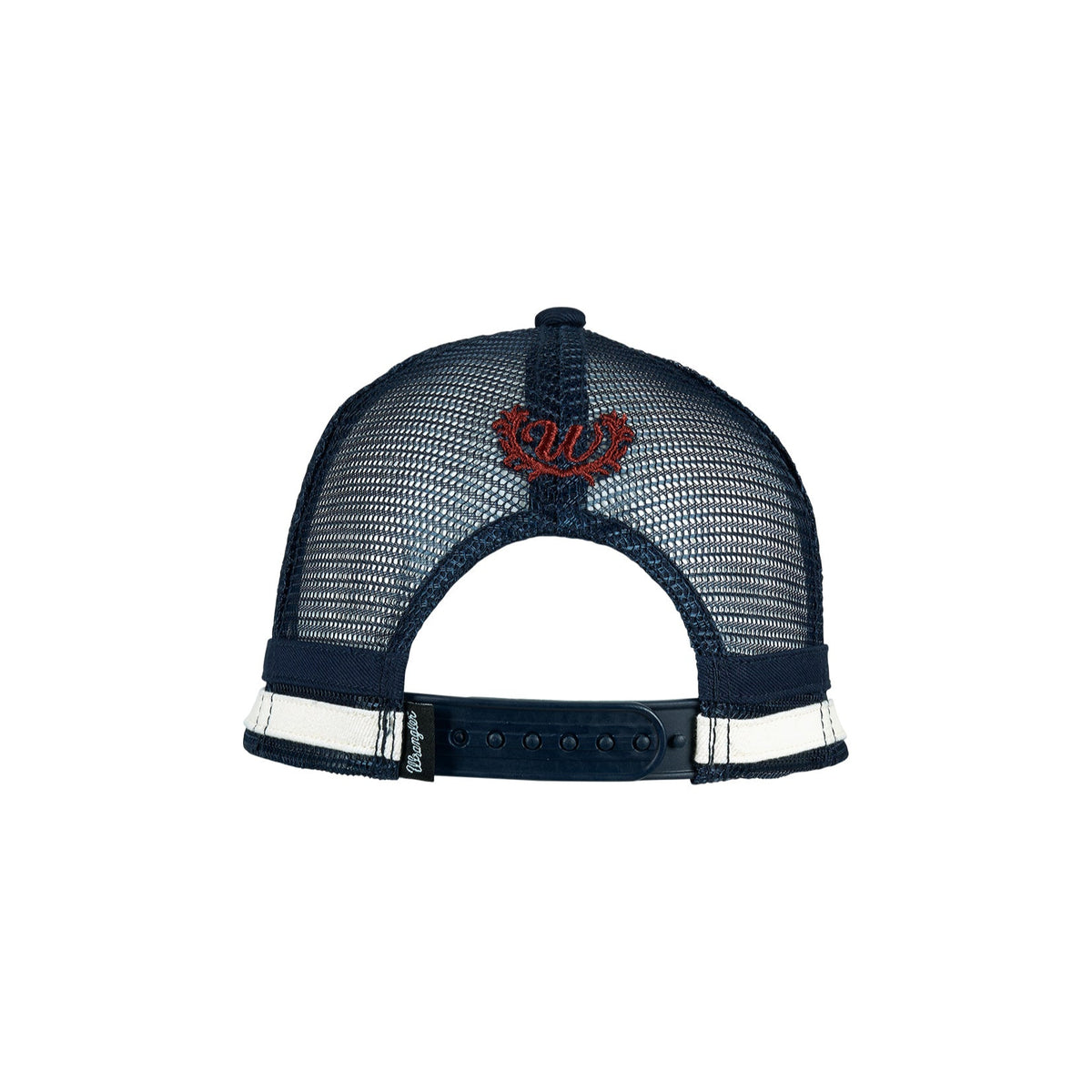 Wrangler Women's Kinsley Trucker Cap. Navy blue mesh cap with a red logo on a white background
