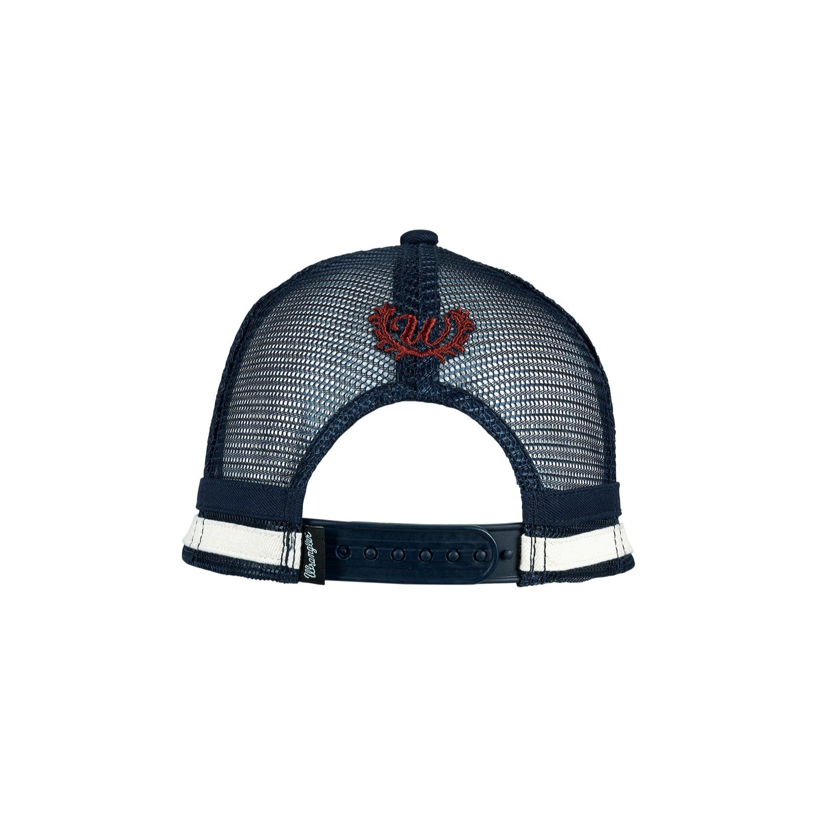 Wrangler Women's Kinsley Trucker Cap. Navy blue cap with 'Wrangler' branding on a white background