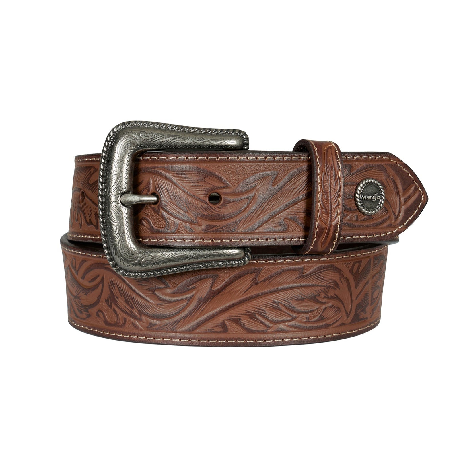 Wrangler Women's Elle Western Belt. Brown leather belt with a silver buckle on a white background
