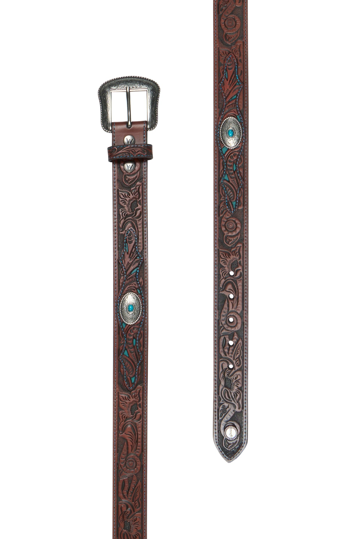 Wrangler Women's Becky Western Belt. Brown leather belt with intricate designs and turquoise stones on a white background