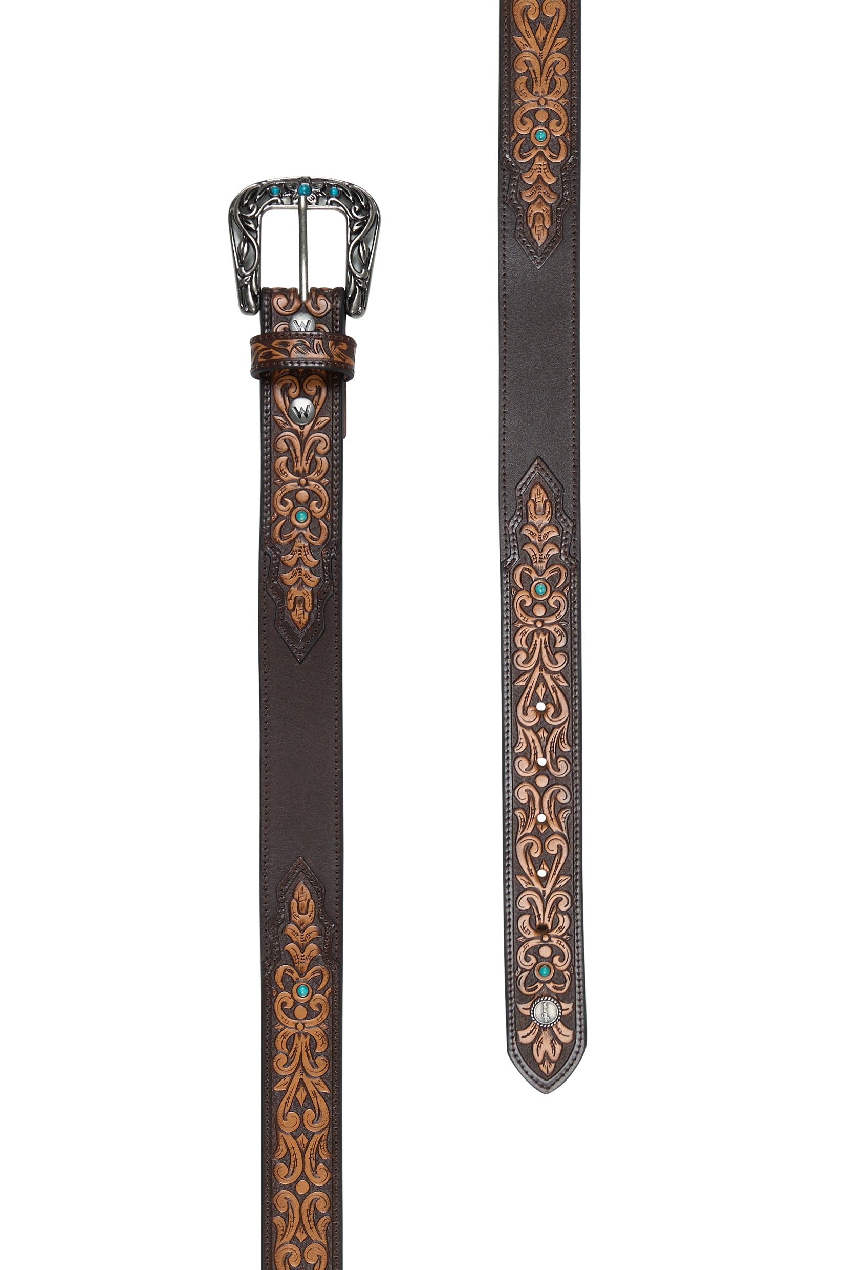 Wrangler Women's Zoey Western Belt. Brown leather belt with intricate designs and a silver buckle on a white background