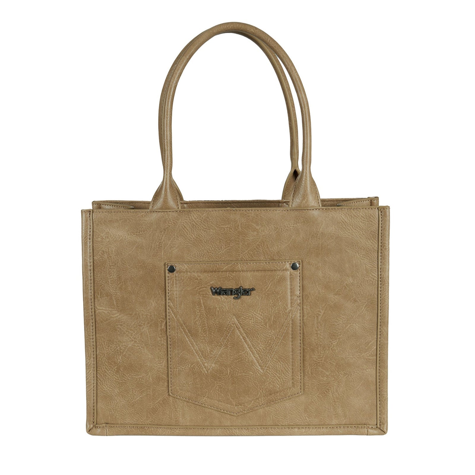 Wrangler Women's Carly Western Bag. Brown embossed handbag with 'Wrangler' branding on a white background