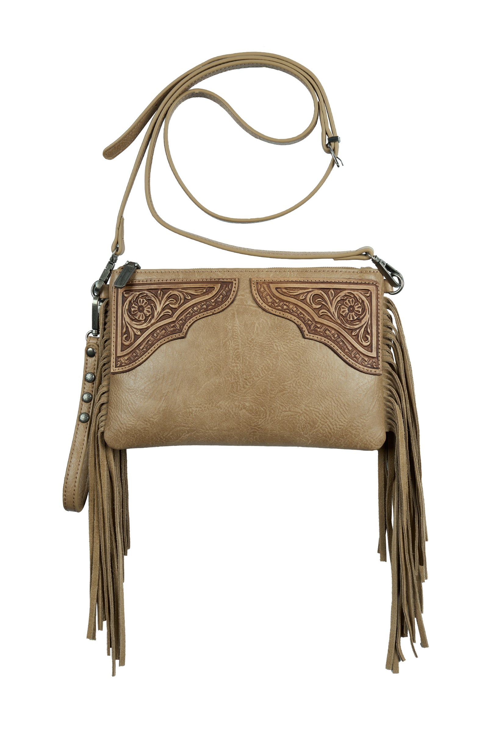 Wrangler Women's Louella Western Bag. Beige handbag with fringe and intricate designs on a white background