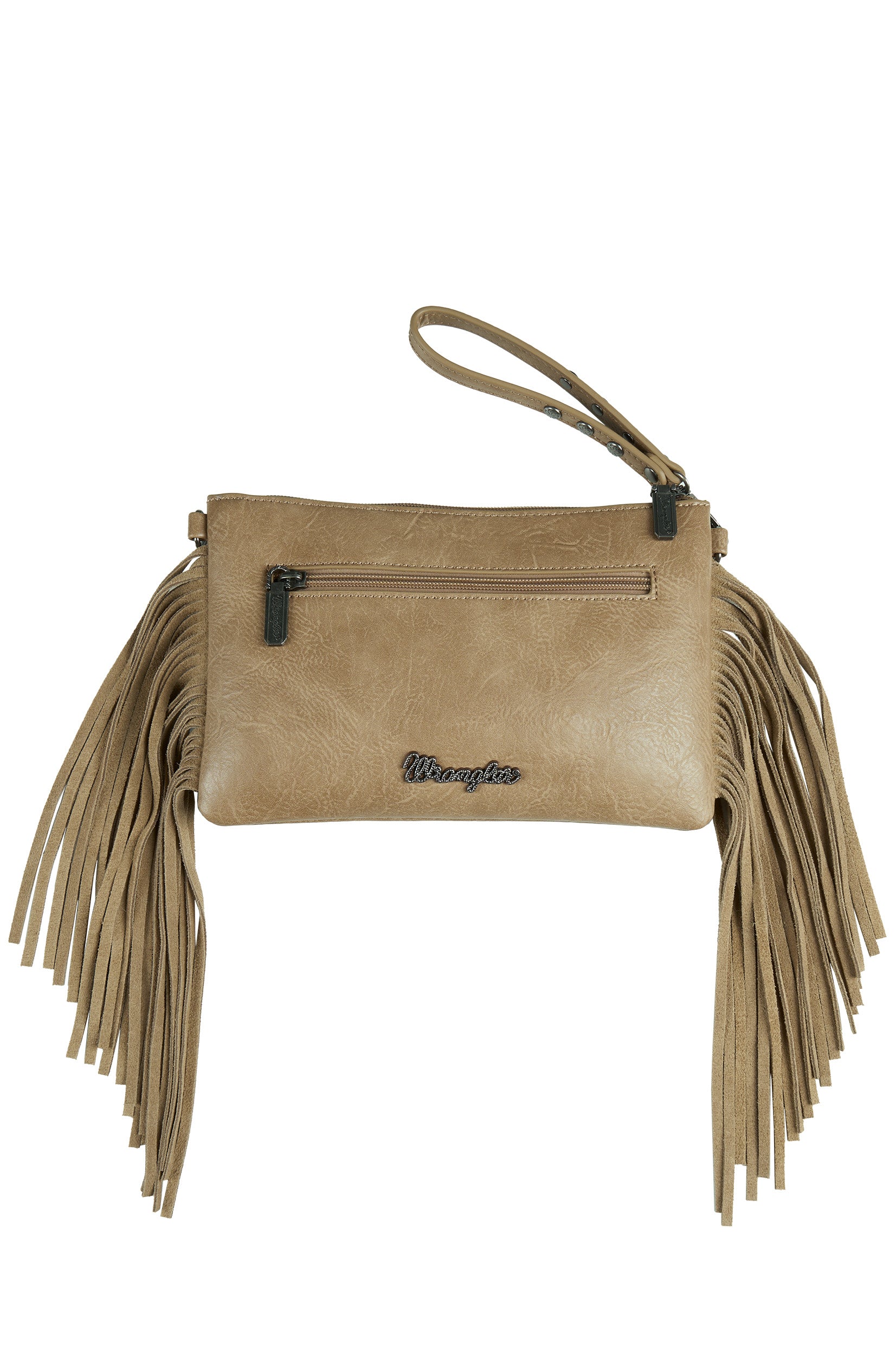 Wrangler Women's Louella Western Bag. Beige handbag with fringe and intricate designs on a white background