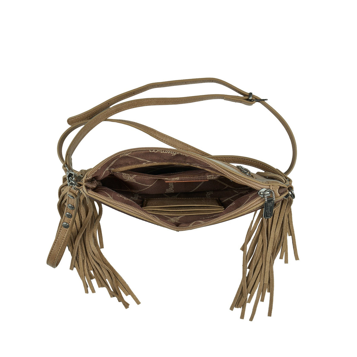 Wrangler Women's Louella Western Bag. Brown leather crossbody bag with fringes on a white background