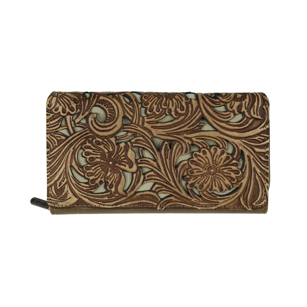 Wrangler Women&#39;s Audra Western Wallet. Brown leather wallet with floral patterns on a white background