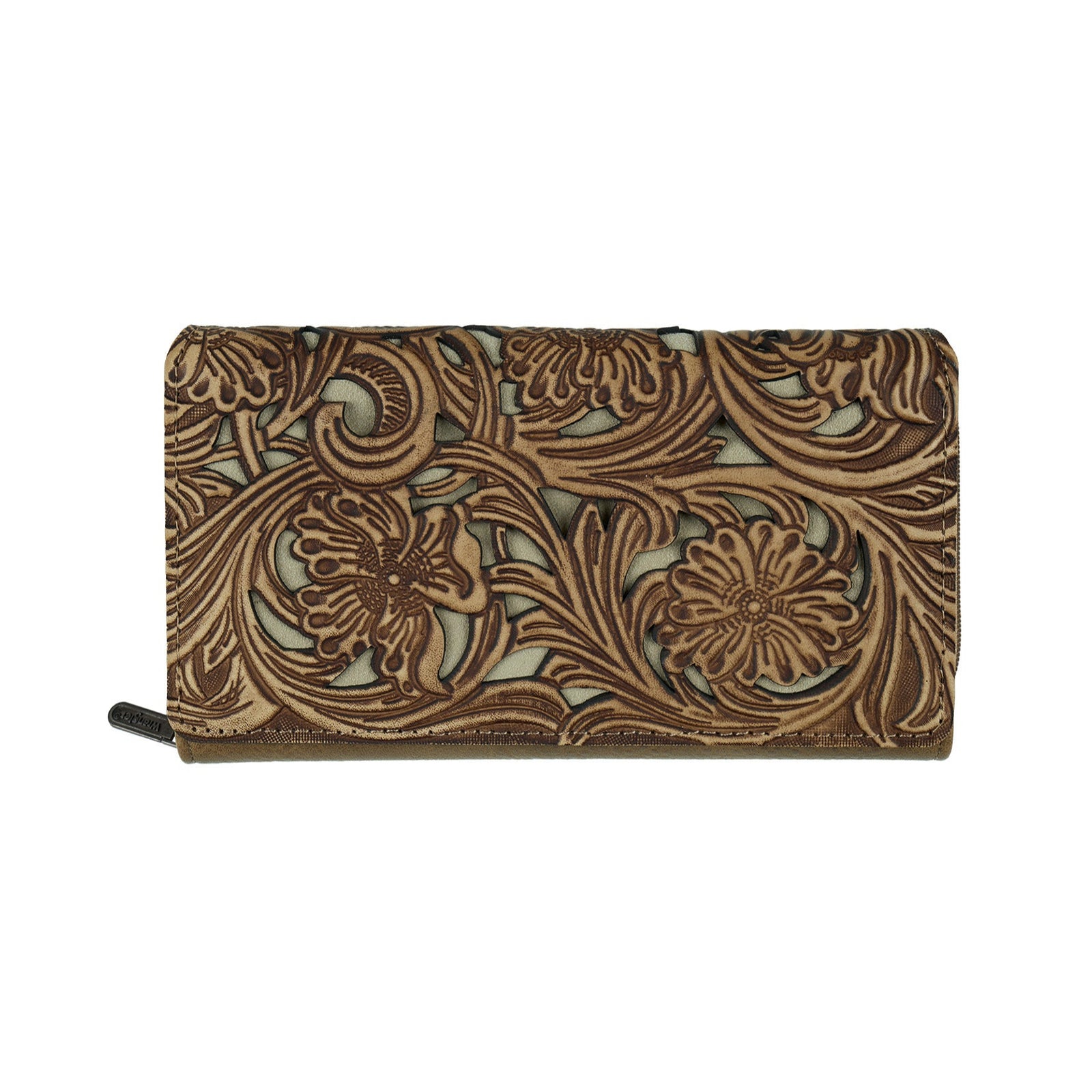 Wrangler Women's Audra Western Wallet. Brown leather wallet with floral patterns on a white background