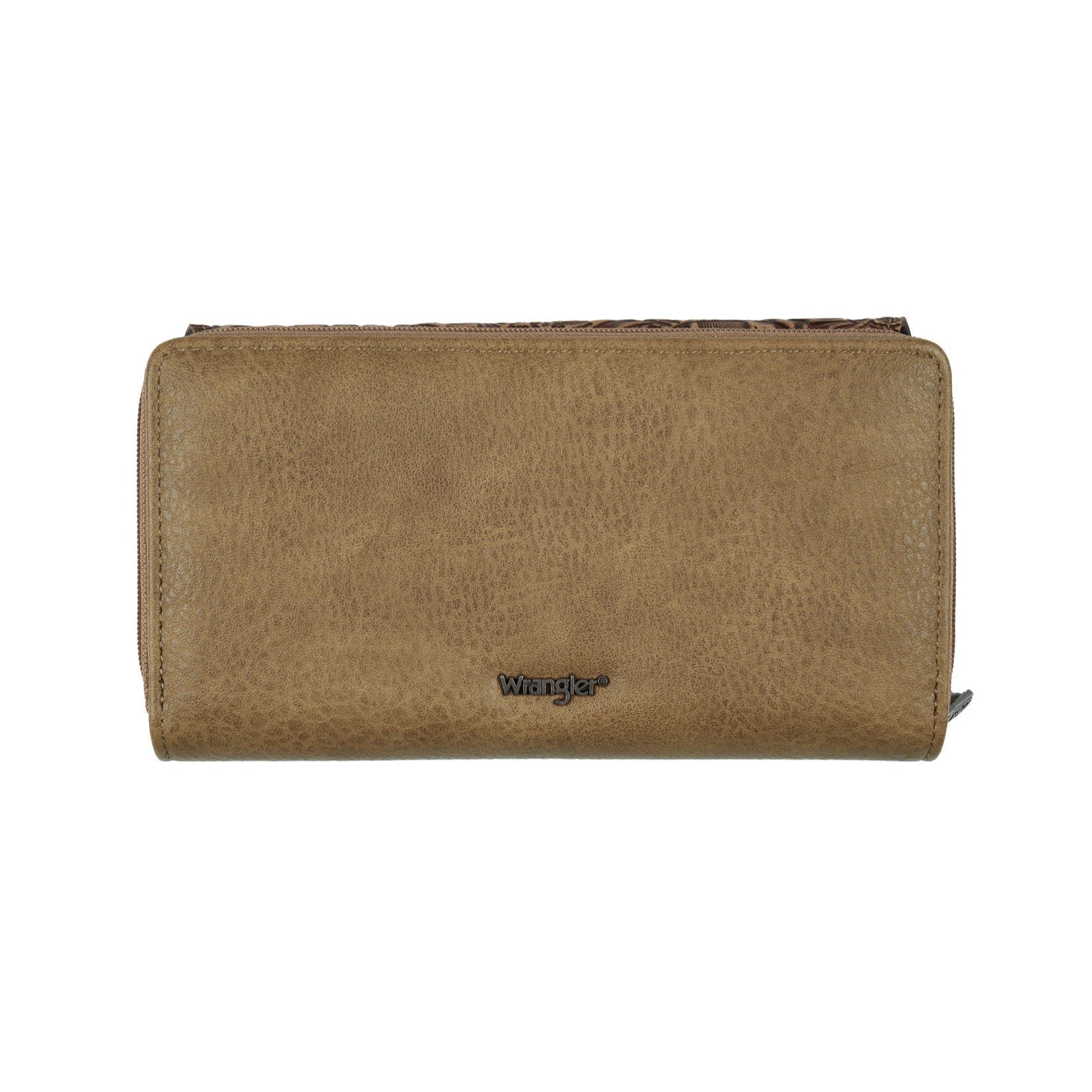 Wrangler Women's Audra Western Wallet. Brown leather wallet with floral patterns on a white background