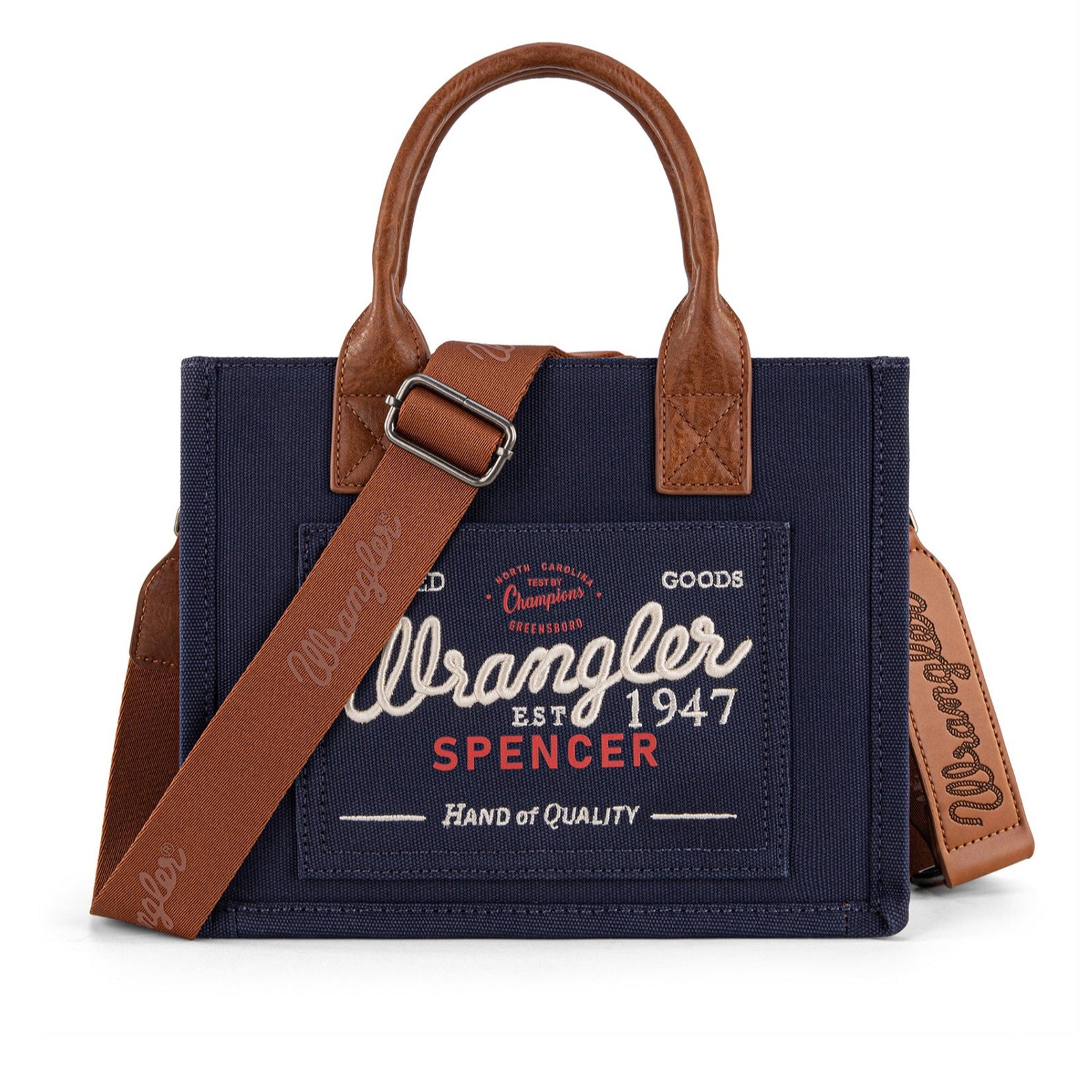 Wrangler Spencer Crossbody Bag navy with brown leather straps featuring Wrangler western branding on a white background