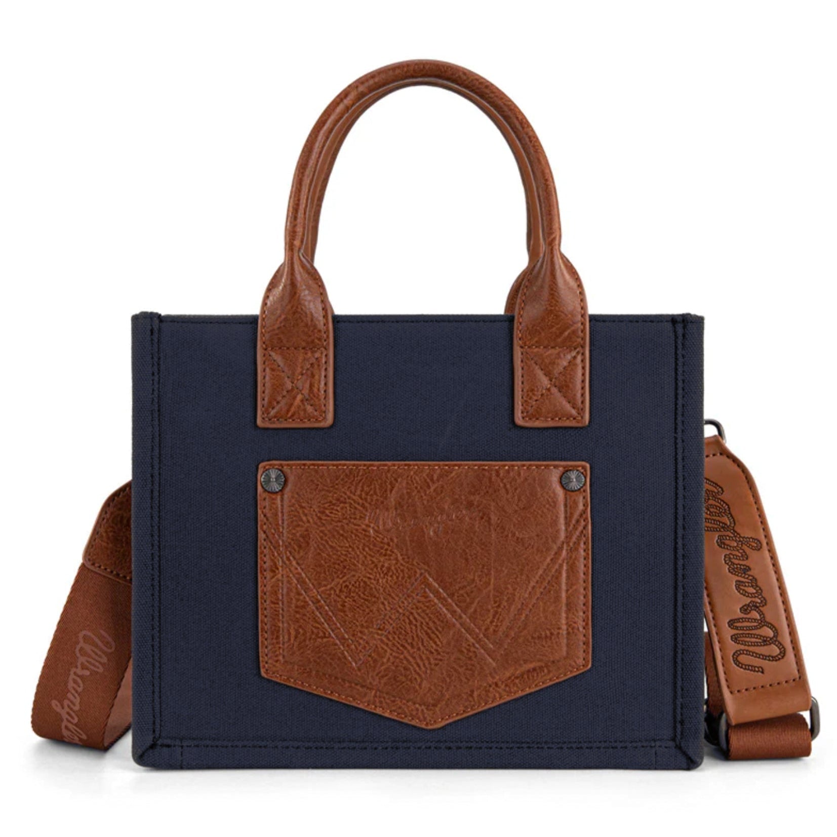 Wrangler Spencer Crossbody Bag navy with brown leather straps featuring Wrangler western branding on a white background
